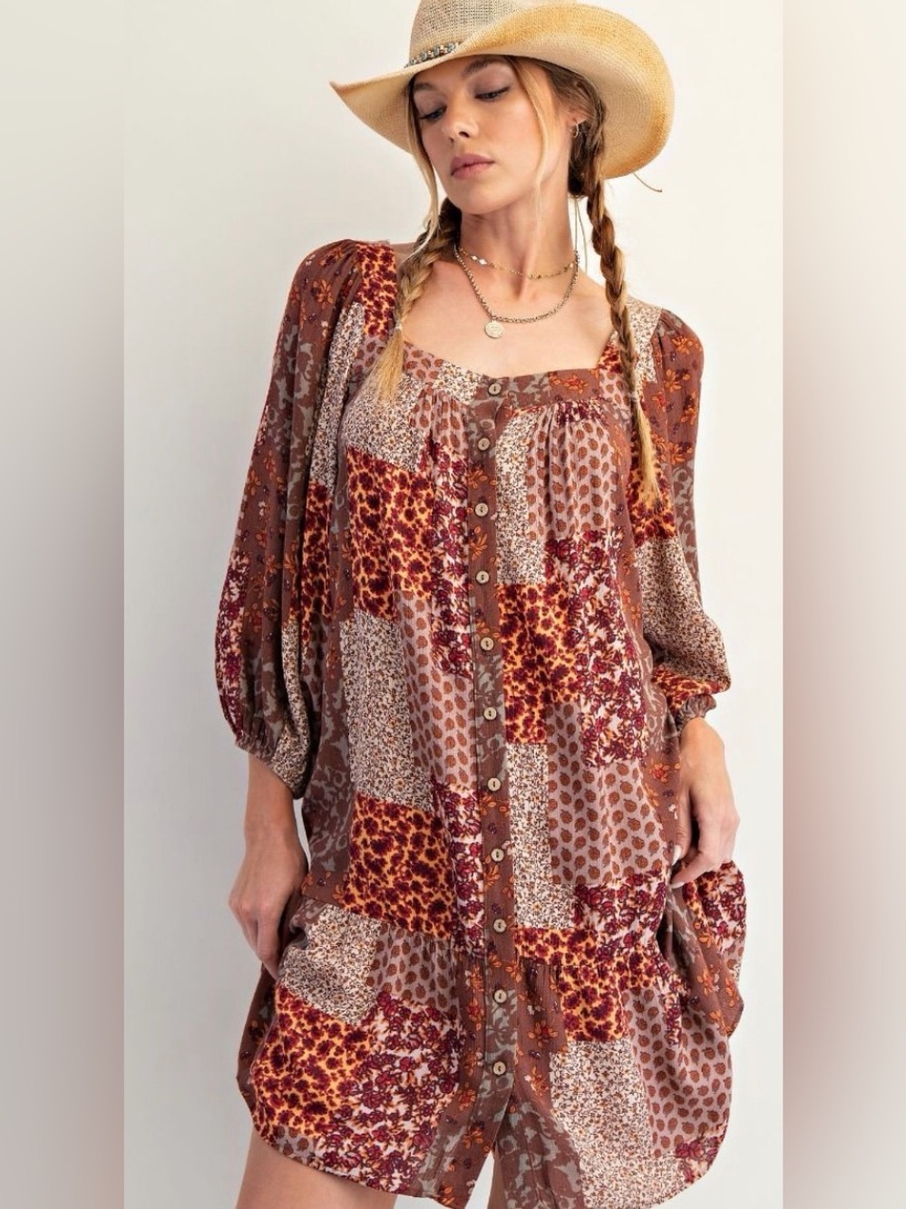 Easel Los Angeles Patchwork Boho Long Sleeve Dress NWT